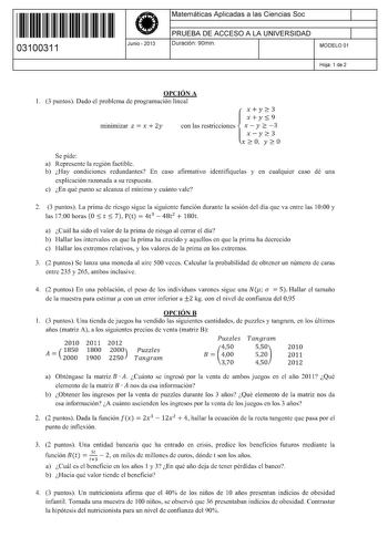 11 1111 1 111 1111 1 11 111 03100311  Junio  2013 Matemáticas Aplicadas a las Ciencias Soc 1 PRUEBA DE ACCESO A LA UNIVERSIDAD 1 Duración 90min MODELO 01 Hoja 1 de 2 OPCIÓN A 1 3 puntos Dado el problema de programación lineal xy3 xy9 minimizar z  x  2y con las restricciones x  y  3  xy3 X 0 y 0 Se pide a Represente la región factible b Hay condiciones redundantes En caso afirmativo identifíquelas y en cualquier caso dé una explicación razonada a su respuesta c En qué punto se alcanza el mínimo …