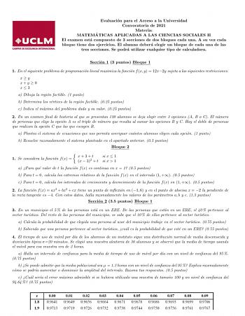 Evaluacion para el Acceso a la Universidad Convocatoria de 2021 Materia MATEMA TICAS APLICADAS A LAS CIENCIAS SOCIALES II El examen esta compuesto de 3 secciones de dos bloques cada una A su vez cada bloque tiene dos ejercicios El alumno debera elegir un bloque de cada una de las tres secciones Se podra utilizar cualquier tipo de calculadora Seccion 1 3 puntos Bloque 1 1 En el siguiente problema de programacion lineal maximiza la funcion f x y  12x2y sujeta a las siguientes restricciones xy xy …