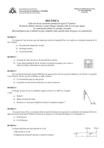 a  UNIVERSIDAD DE OVIEDO Vicerrectorado de Estudiantes y Movilidad Área de Orientación Universitaria Pruebas de Aptitud para el Acceso a la Universidad 2001 LOGSE MECÁNICA Cada una de las cuestiones puntúa por igual 25 puntos El alumno deberá contestar a cuatro bloques elegidos entre los seis que siguen La contestación deberá ser siempre razonada Recomendamos que el alumno lea por completo cada cuestión antes de pasar a su contestación BLOQUE 1 Un cuerpo de 2 kg de masa que está sujeto por un h…