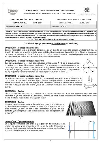 COMISSIÓ GESTORA DE LES PROVES DACCÉS A LA UNIVERSITAT COMISIÓN GESTORA DE LAS PRUEBAS DE ACCESO A LA UNIVERSIDAD PROVES DACCÉS A LA UNIVERSITAT CONVOCATRIA JUNY 2023 Assignatura FÍSICA PRUEBAS DE ACCESO A LA UNIVERSIDAD CONVOCATORIA JUNIO 2023 Asignatura FÍSICA BAREMO DEL EXAMEN La puntuación máxima de cada problema es de 2 puntos y la de cada cuestión de 15 puntos Se permite el uso de calculadoras siempre que no sean gráficas o programables y que no puedan realizar cálculo simbólico ni almace…