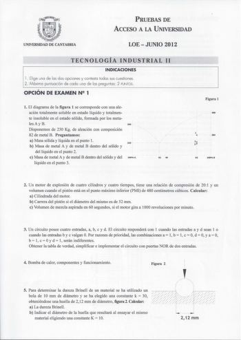 UNIVERSIDAD DE CANTABRIA PRUEBAS DE ACCESO A LA UNIVERSIDAD LOE  JUNIO 2012 TECNOLOGÍA INDUSTRIAL 11 INDICACIONES l  Elige una de las dos opciones y contesta todas sus cuestiones 2 Máxima puntuación de cada una de las preguntas 2 PUNTOS  OPCIÓN DE EXAMEN N 1 l El diagrama de la figura 1 se corresponde con una aleación totalmente soluble en estado líquido y totalmente insoluble en el estado sólido formada por los metales Ay B Disponemos de 230 Kg de aleación con composición 82 de metal B Pregunt…