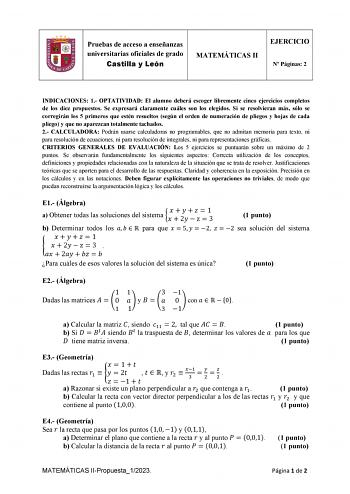 Examen de Matemáticas II (EBAU de 2023)