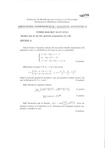 Examen de Matemáticas II (EvAU de 2017)