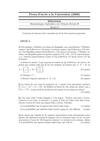 Examen de Matemáticas Aplicadas a las Ciencias Sociales (selectividad de 2006)