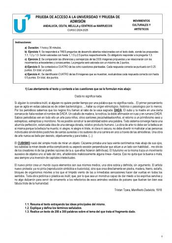 Examen de Movimientos Culturales y Artísticos (PEvAU de 2025)