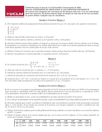 Examen de Matemáticas Aplicadas a las Ciencias Sociales (EvAU de 2022)