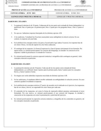 lJtltKALI IAI  VALENCIANA CONSELLERIA DEDUCACII COMISSIÓ GESTORA DE LES PROVES DACCÉS A LA UNIVERSITAT COM ISIÓN GESTORA DELASPRUEBASDEACCESO A LA UNIVERSIDAD e   n  SISTEMA UNIVERSITARI VAL ENCIÁ SISTEMA IJNIVERSITARIO VALENCIANO PROVES DACCÉS A LA UNIVERSITAT CONVOCATRIA JUNY 2011 PRUEBAS DE ACCESO A LA UNIVERSIDAD CONVOCATORIA JUNIO 2011 LLENGUATGE I PRCTICA MUSICAL LENGUAJEY PRÁCTICA M USICAL BAREM DE LEXAMEN 1 Lapuntuaciómximaésde10puntsCadascunadelestrespartsseravaluadadeformaindependenti…