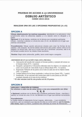 PRUEBAS DE ACCESO A LA UNIVERSIDAD DIBUJO ARTÍSTICO CURSO 20152016 REALIZAR UNA DE LAS 2 OPCIONES PROPUESTAS A o B OPCION A Dibuja objetjvarnente los motivos expuestos atendiendo a su estructura a las proporciones entre los diferentes objetos y a la relación entre lo dibujado y el papel Opcional Si te da tiempo sombrea con la técnica que tonideres pertinente líneas  manchas o plarios un círculo de unos 10 cm de diámetro en el lugar que estimes conveniente Procedimiento Dibuja usando estructuras…