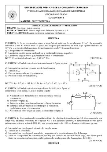 Examen de Electrotecnia (PAU de 2013)