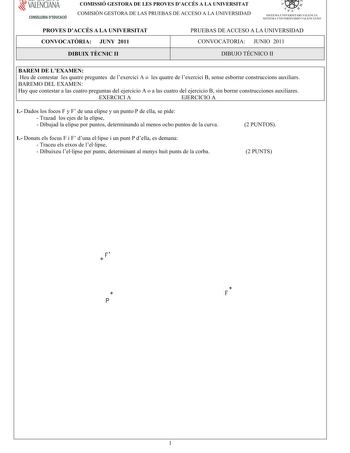 VALENCIANA CONSELLERIA DEDUCACIÓ COMISSIÓ GESTORA DE LES PROVES DACCÉS A LA UNIVERSITAT COM ISIÓN GESTORA DELASPRUEBASDEACCESO A LA UNIVERSIDAD   I l  SISTEMA UNIVERSITARI VALENCIA SISTEMA IJNIVERSITARIO VALENfIANO PROVES DACCÉS A LA UNIVERSITAT CONVOCATRIA JUNY 2011 PRUEBAS DE ACCESO A LA UNIVERSIDAD CONVOCATORIA JUNIO 2011 DIBUIX TCNIC II DIBUJO TÉCNICO II BAREM DE LEXAMEN Heudecontestarlesquatrepreguntes delexerciciA o lesquatredelexerciciBsenseesborrarconstruccionsauxiliars BAREM O DELEXAM …