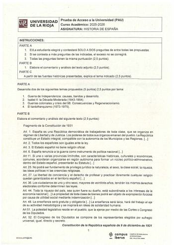 Historia de España – EBAU La Rioja (2026)
