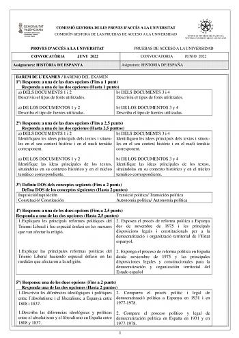 COMISSIÓ GESTORA DE LES PROVES DACCÉS A LA UNIVERSITAT COMISIÓN GESTORA DE LAS PRUEBAS DE ACCESO A LA UNIVERSIDAD PROVES DACCÉS A LA UNIVERSITAT CONVOCATRIA JUNY 2022 Assignatura HISTRIA DE ESPANYA PRUEBAS DE ACCESO A LA UNIVERSIDAD CONVOCATORIA JUNIO 2022 Asignatura HISTORIA DE ESPAÑA BAREM DE LEXAMEN  BAREMO DEL EXAMEN 1 Responeu a una de las dues opcions Fins a 1 punt Responda a una de las dos opciones Hasta 1 punto a a DELS DOCUMENTS 1 i 2 a b DELS DOCUMENTS 3 i 4 Descriviu el tipus de font…