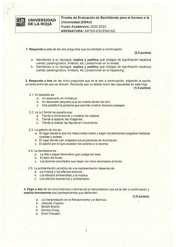 Examen de Artes Escénicas (EBAU de 2023)