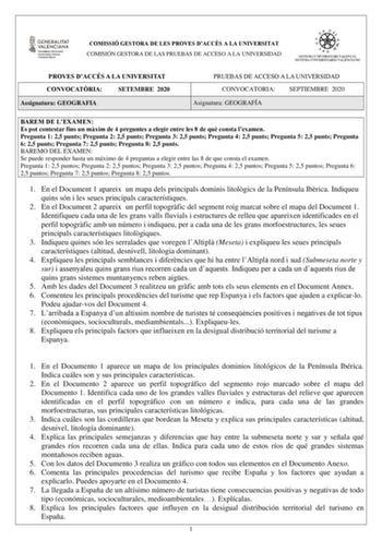 COMISSIÓ GESTORA DE LES PROVES DACCÉS A LA UNIVERSITAT COMISIÓN GESTORA DE LAS PRUEBAS DE ACCESO A LA UNIVERSIDAD PROVES DACCÉS A LA UNIVERSITAT CONVOCATRIA SETEMBRE 2020 Assignatura GEOGRAFIA PRUEBAS DE ACCESO A LA UNIVERSIDAD CONVOCATORIA SEPTIEMBRE 2020 Asignatura GEOGRAFÍA BAREM DE LEXAMEN Es pot contestar fins un mxim de 4 preguntes a elegir entre les 8 de qu consta lexamen Pregunta 1 25 punts Pregunta 2 25 punts Pregunta 3 25 punts Pregunta 4 25 punts Pregunta 5 25 punts Pregunta 6 25 pun…