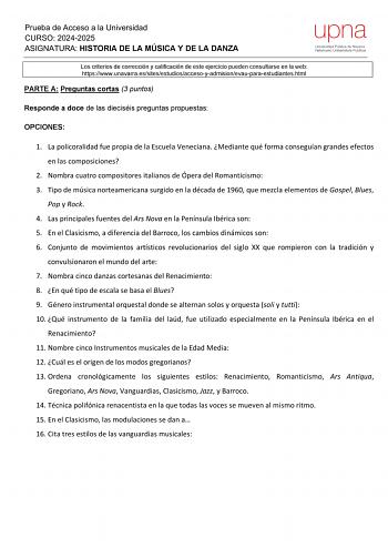Examen de Historia de la Música y de la Danza (EvAU de 2025)