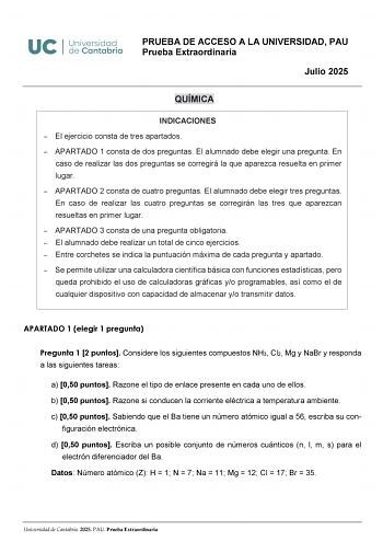 Examen de Química (EBAU de 2025)
