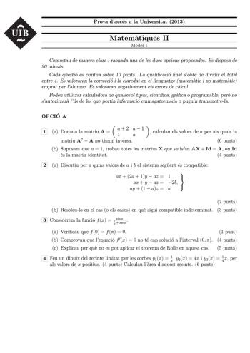 Examen de Matemáticas II (PAU de 2013)