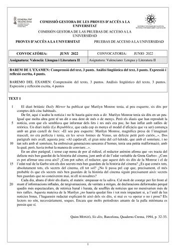 Examen de Lengua y Literatura (Valenciano) (PAU de 2022)