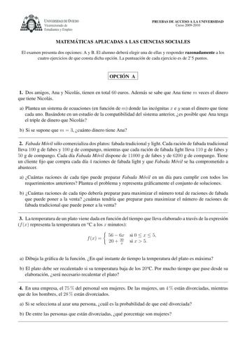 Examen de Matemáticas Aplicadas a las Ciencias Sociales (PAU de 2010)