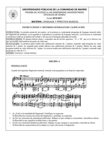 Examen de Lenguaje y Práctica Musical (PAU de 2011)