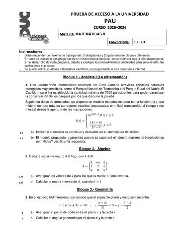 Matemáticas II – EBAU Islas Canarias (2026)