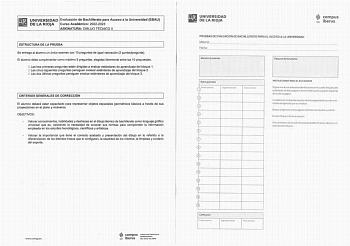 NIVERSIDAD Evaluación de Bachillerato para Acceso a la Universidad EBAU DE LA RIOJA Curso Académico 20222023 ASIGNATURA DIBUJO TÉCNICO 11 ESTRUCTURA DE LA PRUEBA Se entrega al alumno un único examen con 10 preguntas de igual valoración 2 puntospregunta El alumno debe cumplimentar como máximo 5 preguntas elegidas libremente entre las 10 propuesas o Las tres primeras preguntas están dirigidas a evaluar estándares de aprendizaje del bloque 1 d Las cinco siguientes preguntas persiguen evaluar están…