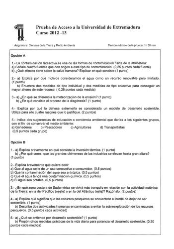 Examen de Ciencias de la Tierra y Medioambientales (PAU de 2013)