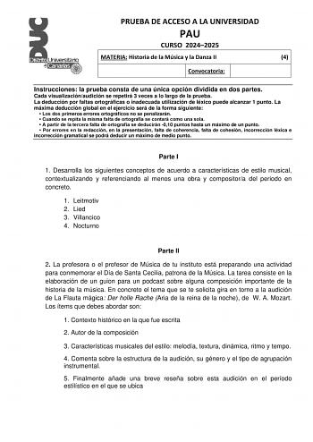 Examen de Historia de la Música y de la Danza (EBAU de 2025)