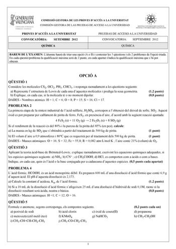 Examen de Química (PAU de 2012)