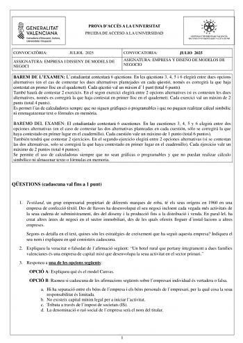 Examen de Empresa y Diseño de Modelos de Negocio (PAU de 2025)