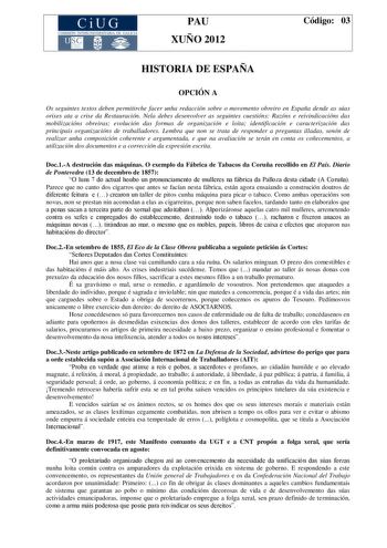 Examen de Historia de España (PAU de 2012)