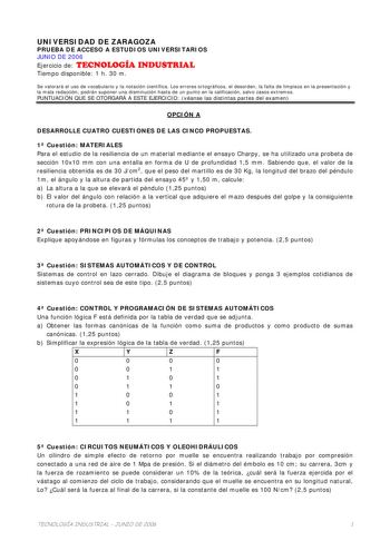 UNIVERSIDAD DE ZARAGOZA PRUEBA DE ACCESO A ESTUDIOS UNIVERSITARIOS JUNIO DE 2006 Ejercicio de TECNOLOGÍA INDUSTRIAL Tiempo disponible 1 h 30 m Se valorará el uso de vocabulario y la notación científica Los errores ortográficos el desorden la falta de limpieza en la presentación y la mala redacción podrán suponer una disminución hasta de un punto en la calificación salvo casos extremos PUNTUACIÓN QUE SE OTORGARÁ A ESTE EJERCICIO véanse las distintas partes del examen OPCIÓN A DESARROLLE CUATRO C…