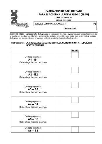 Examen de Cultura audiovisual (EBAU de 2022)