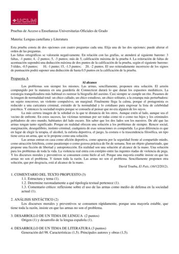 LlJ  1  UNlfAIIOAD CJol 11ATILLA LA MANCHA Pruebas de Acceso a Enseñanzas Universitarias Oficiales de Grado Materia Lengua castellana y Literatura Esta prueba consta de dos opciones con cuatro preguntas cada una Elija una de las dos opciones puede alterar el orden de las preguntas Las faltas ortográficas se valorarán negativamente En relación con las grafías se atenderá al siguiente baremo 3 faltas 1 punto 4 2 puntos 5 3 puntos más de 5 calificación máxima de la prueba 4 La reiteración de falta…