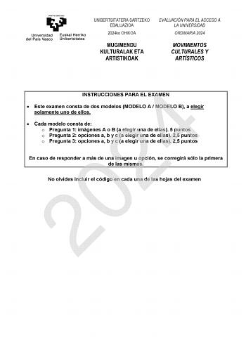 Examen de Movimientos Culturales y Artísticos (EAU de 2024)