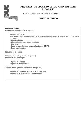 PRUEBAS DE ACCESO A LA UNIVERSIDAD LOGSE CURSO 20002001  CONVOCATORIA DIBUJO ARTISTICO INSTRUCCIONES Material que deberá aportar el alumno  Grafito HB 3B 6B  Carboncillo lápiz compuesto sanguina tiza Conté sepia y blanca o pastel en dos tonos y blanco  Trapos  Goma de borrar  Cinta adhesiva o elemento de sujeción  Difumino  Soporte papel Ingres o Universal ambos en DIN A3  Papel para bocetos Esquema de la prueba 1 Parte práctica 2 opciones a elegir una Resolución de un bodegón  Opción A Mímesis…