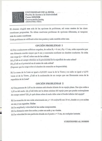 UNIVERSIDAD DE LA RIOJA   Prueba de Acceso a la Universidad Curso 20052006 Convocatoria Junio ASIGNATURA FÍSICA El alumno elegirá una sola de las opciones de problemas así como cuatro de las cinco cuestiones propuestas No deben resolverse problemas de opciones diferentes ni tampoco más de cuatro cuestiones Cada problema se calificará sobre tres puntos y cada cuestión sobre uno OPCIÓN PROBLEMAS 1 A Dos conductores esféricos cargados de radios R1  6 cm y R2  2 cm están separados por una distancia…