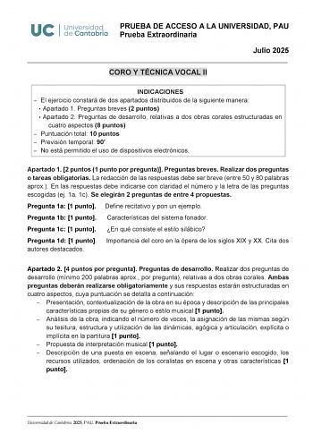 Examen de Coro y Técnica Vocal (EBAU de 2025)