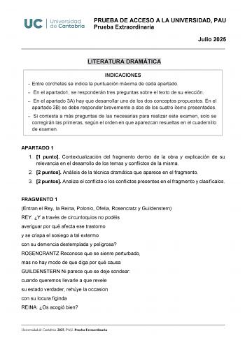 Examen de Literatura Dramática (EBAU de 2025)