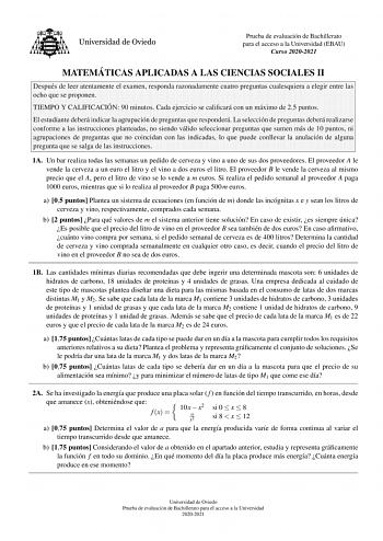 Examen de Matemáticas Aplicadas a las Ciencias Sociales (EBAU de 2021)