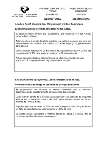 Examen de Electrotecnia (PAU de 2011)