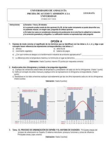 UNIVERSIDADES DE ANDALUCÍA PRUEBA DE ACCESO Y ADMISIÓN A LA UNIVERSIDAD CURSO 20172018 GEOGRAFÍA Instrucciones a Duración 1 hora y 30 minutos b La presente prueba consta de dos opciones A y B de las cuales únicamente se puede desarrollar una no pudiendo mezclar en ningún caso preguntas de ambas opciones c En todos los casos se considerarán elementos de ponderación de la nota final la calidad de la redacción y la corrección gramatical y ortográfica La calificación máxima va expresada bajo cada p…