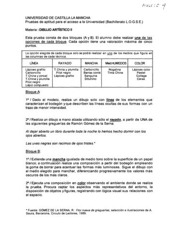 UNIVERSIDAD DE CASTILLA LA MANCHA Pruebas de aptitud para el acceso a la Universidad Bachillerato LOGSE Materia  DIBUJO ARTÍSTICO 11 Esta prueba consta de dos bloques A y B El alumno debe realizar una de las opciones de cada bloque Cada opción tiene una valoración máxima de cinco puntos La opción elegida de cada bloque solo se podrá realizar en JQ de los medios que figura en las columnas de cada técnica LINEA RAYADO MANCHA MedHUMEOOS COLOR Lápices grafito Carboncillo TChina y pincel TChina y pl…