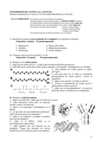 UNIVERSIDAD DE CASTILLALA MANCHA Pruebas de aptitud para el Acceso a la Universidad Bachillerato LOGSE Materia BIOLOGÍA Esta prueba consta de tres bloques de preguntas El primer bloque consta de una pregunta y es OBLIGATORIO 3 puntos El segundo bloque consta de dos preguntas de las cuales se debe elegir una El tercer bloque consta de dos preguntas de las cuales se debe elegir una El examen se valorará sobre 10 puntos 3 puntos primer bloque 35 puntossegundo bloque 35 puntostercer bloque Se penal…