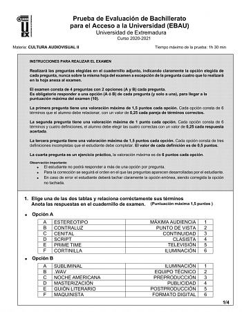 Examen de Cultura audiovisual (EBAU de 2021)