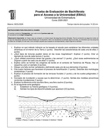 Materia GEOLOGÍA Prueba de Evaluación de Bachillerato para el Acceso a la Universidad EBAU Universidad de Extremadura Curso 20202021 Tiempo máximo de la prueba 1h 30 min INSTRUCCIONES PARA REALIZAR EL EXAMEN El examen consta de 10 preguntas cuyo valor es de 2 puntos cada una El estudiante ha de elegir 5 preguntas Observación importante en ningún caso se corregirá un número mayor de preguntas de las indicadas Para la corrección se seguirá el orden en el que las respuestas aparezcan desarrolladas…