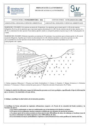 Geología y Ciencias Ambientales – PAU Comunidad Valenciana (2026)