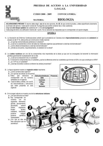 Distrito   canarias PRUEBAS DE ACCESO A LA UNIVERSIDAD LOGSE CURSO 2008  2009 CONVOCATORIA MATERIA BIOLOGIA ACLARACIONES PREVIAS El alumno debe elegir una de las dos opciones A o B de que consta la prueba y debe especificarla claramente al principio del ejercicio Cada opción consta de 10 preguntas que podrán contener dos o más cuestiones Elegir un sólo bloque optativo de cuestiones 81 u 82 en la pregunta 8 Cada pregunta tiene una calificación máxima de 1 punto No se valorarán las respuestas que…