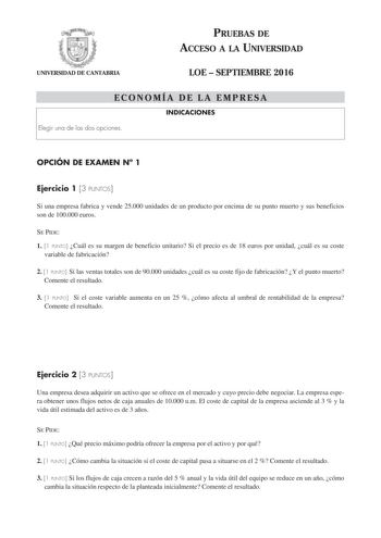 Examen de Economía de la Empresa (PAU de 2016)