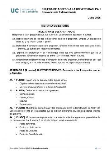 Historia de España – EBAU Cantabria (2026)
